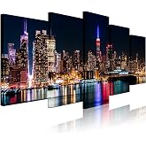 Biuteawal - New York City Canvas Wall Art Manhattan Skyline at Night Picture Prints Modern Home Office Wall Decoration Stretched Ready to Hang