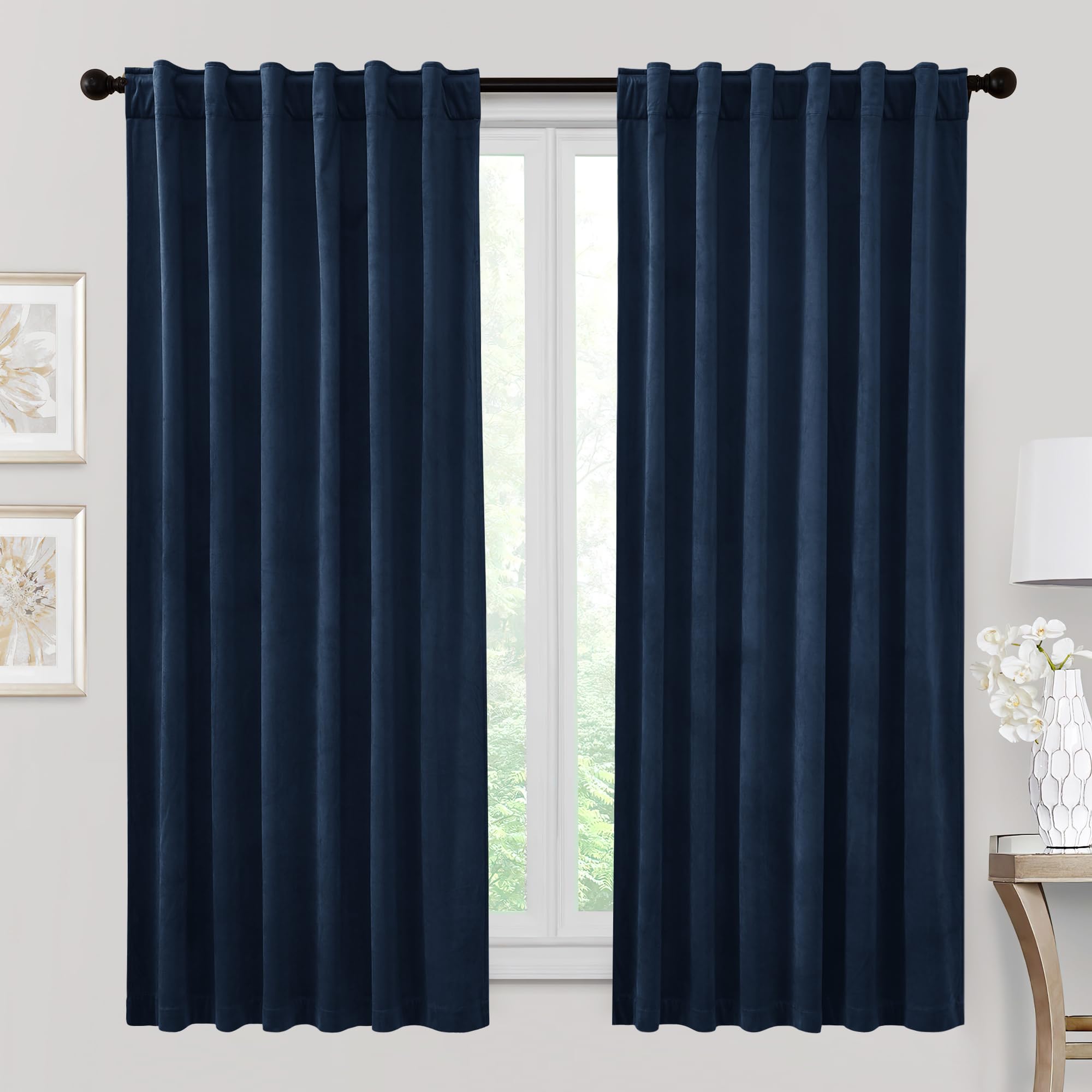 Photo 1 of RYB HOME Velvet Curtains 63 inches Length, Back Tab & Rod Pocket Soft Fabric Curtains & Drapes for Bedroom Bathroom Cafe, Navy Blue, W 42 x L 63, 2 Panels Set