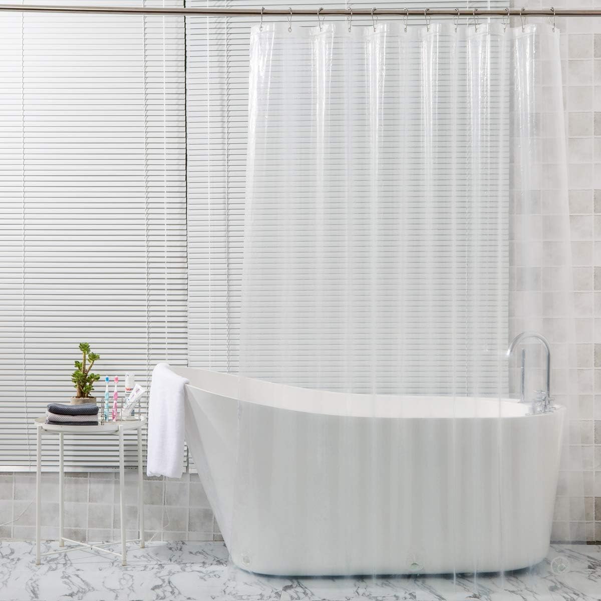 AmazerBath Plastic Shower Curtain, 72" W x 72" H EVA 8G Shower Curtain with Heavy Duty Clear Stones and 12 Grommet Holes Thick Bathroom Plastic Shower Curtains-Clear: Home & Kitchen