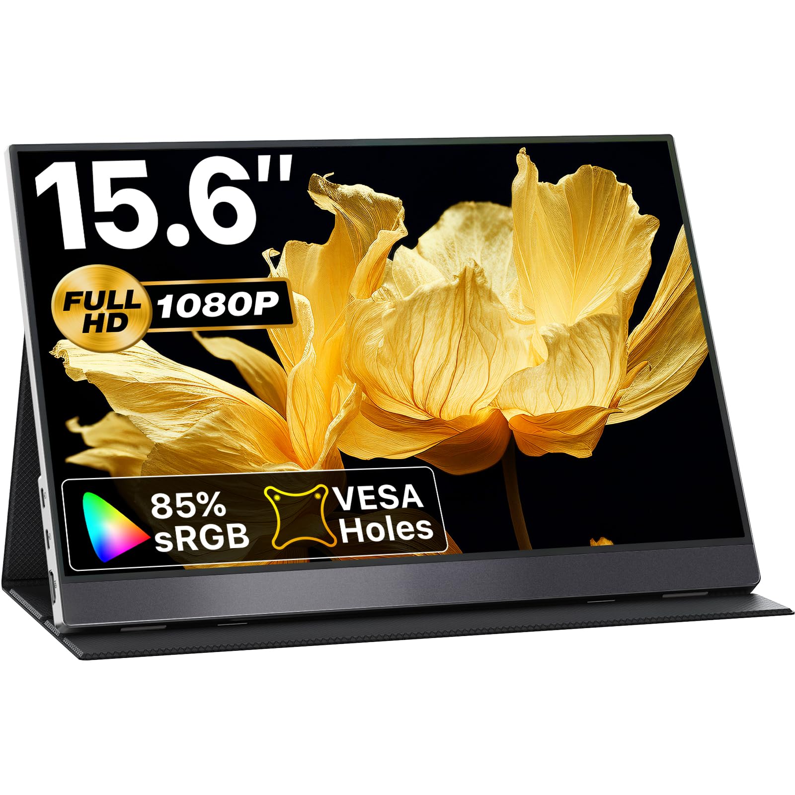 VisionOwl Portable Monitor 15.6 Inch 1080P FHD 85% sRGB Second Screen, USB-C HDMI HDR FreeSync Travel Monitor for Laptop PC MacBook PS5 Xbox, VESA Mountable, with Speakers, Cover Stand, Silver Image