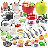 100Pcs Kitchen Playset, Kids Pretend Cooking Play Pots, Pans, Utensils, Cookware, Toy Food Fruits Veggies, with 2 Large Apple - Shaped Storage, Toddler Cooking Learning Gift (White)