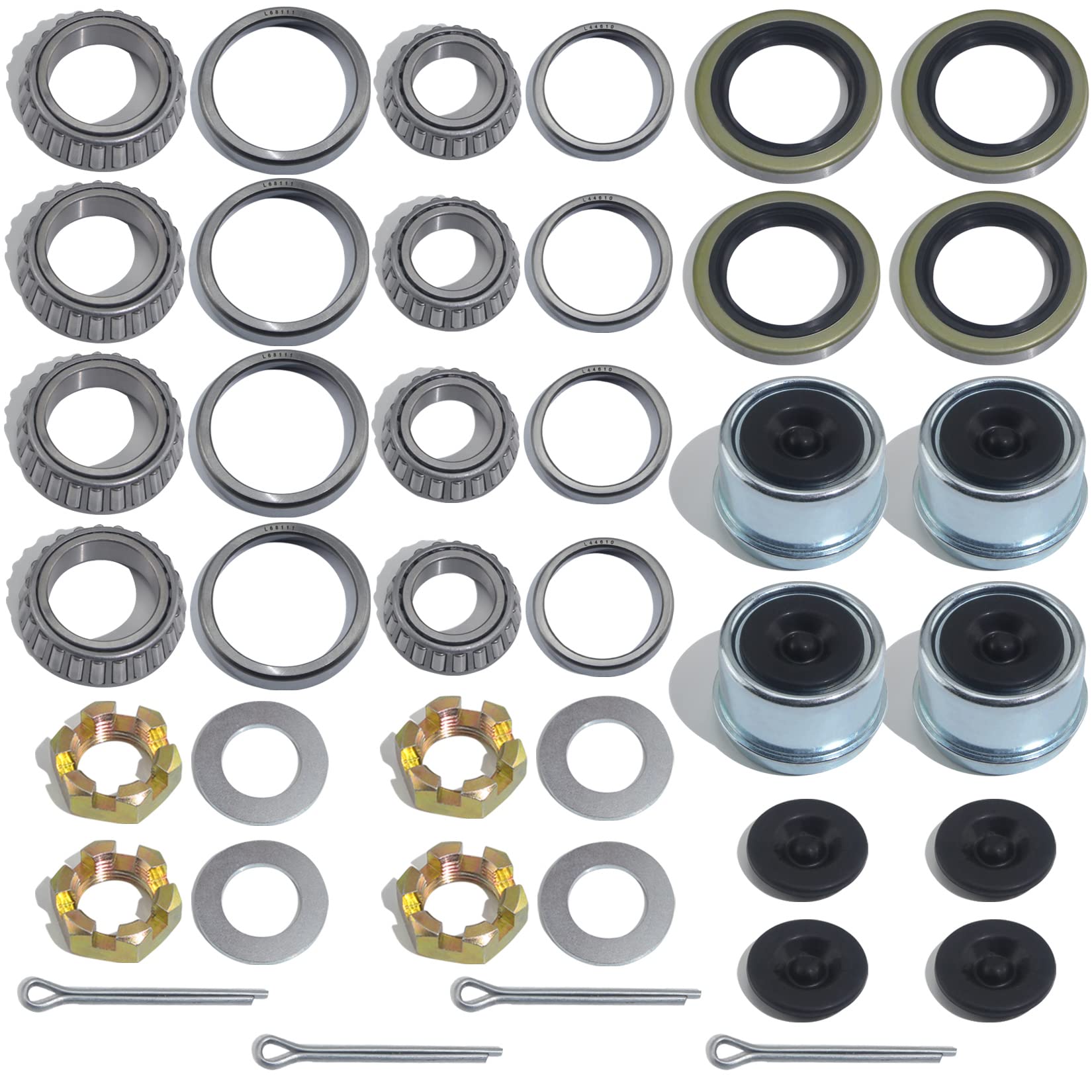 Photo 1 of GREPSPUD 4Sets L68149 L44649 Trailer Axle Hub Bearings Kit with 171255TB Grease Seals, 1.98'' Trailer Dust Caps, Cotter Pins, Axle Nuts & Washers for 3500 lbs 1-3/8'' to 1-1/16'' #84 Spindle