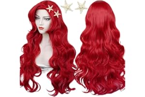 LABEAUTÉ Red Curly Wig , Max Beauty Red Mermaid Cosplay Wigs for Woman with Starfish Hair Clips, Adult Long Hair Daily Wig Heat Resistant Synthetic Fiber for Halloween for Cosplay for Christmas (Red 1)