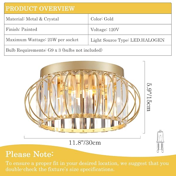 CABVOPE 3-LIGHT MODERN CRYSTAL CHANDELIER GOLD FLUSH MOUNT CEILING LIGHT FIXTURES FOR HALLWAY FOYER BEDROOM KITCHEN DINING ROOM LIVING ROOM, METAL INDOOR CLOSE TO CEILING LAMP