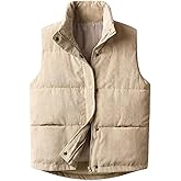 Aisongyuan Womens Corduroy Puffer Vest Stand Collar Zip Snap Button Sleeveless Warm Waistcoat Padded Gilet