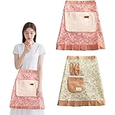 XnxnzhHo 2 Pcs Womens Server Half Apron with Pockets, Floral Print Vintage Waist Apron Ruffle, for Cooking, Painting, Kitchen Baking, Service, Pink and Green