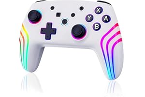 JUNHUAN Wireless Switch Controller for N-Switch/Lite/OLED with Hall Triggers/7-Cool RGB LEDs/6-Axis Gyro Sensor/Wake-up/Vibration/Turbo, Compatible with Switch 2/PC (White)