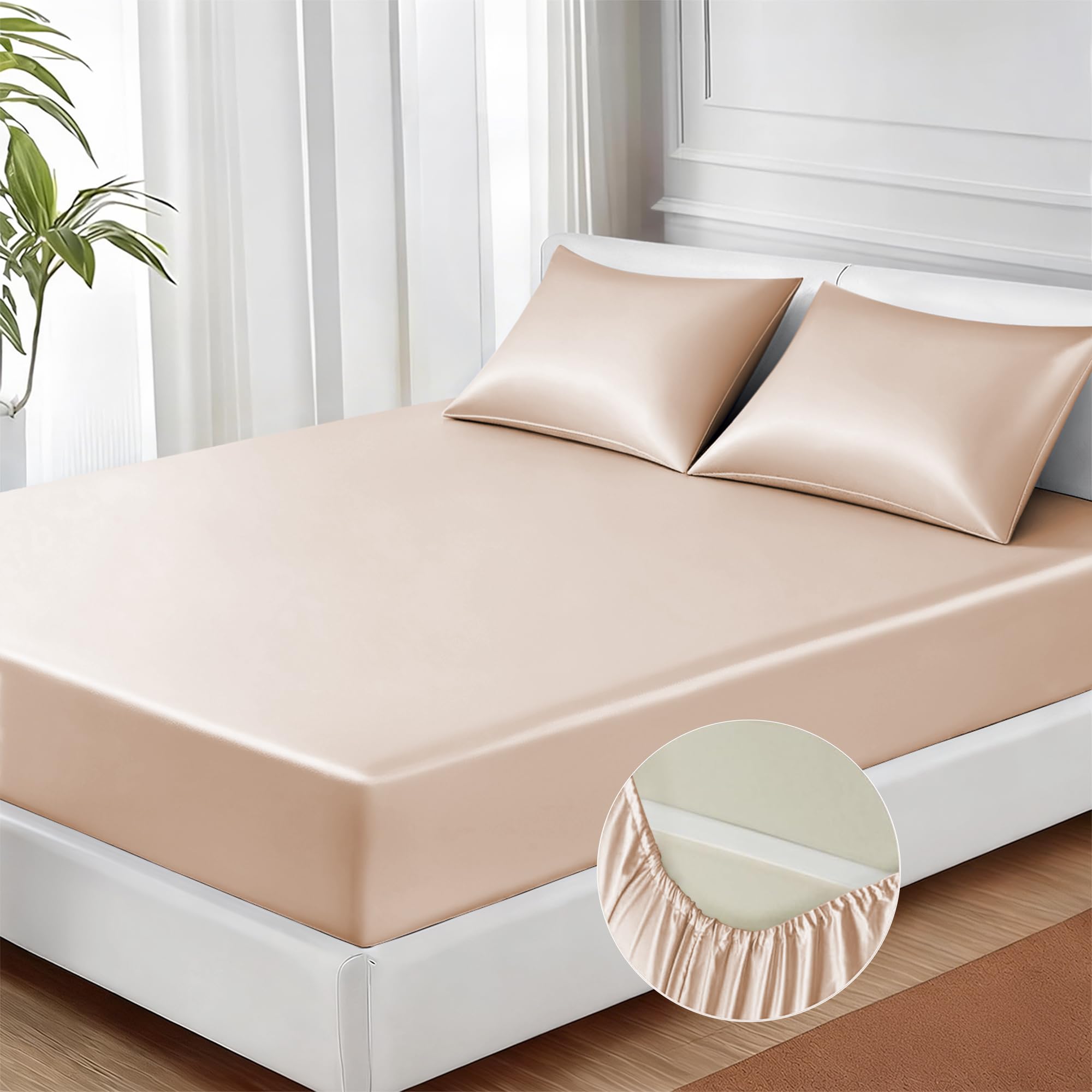 MR&HM Satin Fitted Sheet King Size, Silky Bottom Sheet with Elastic Corner Straps, Deep Pocket up to 15 Inch, No More Slipping Off for Mattress - 1 Fitted Sheet Only (Champagne)