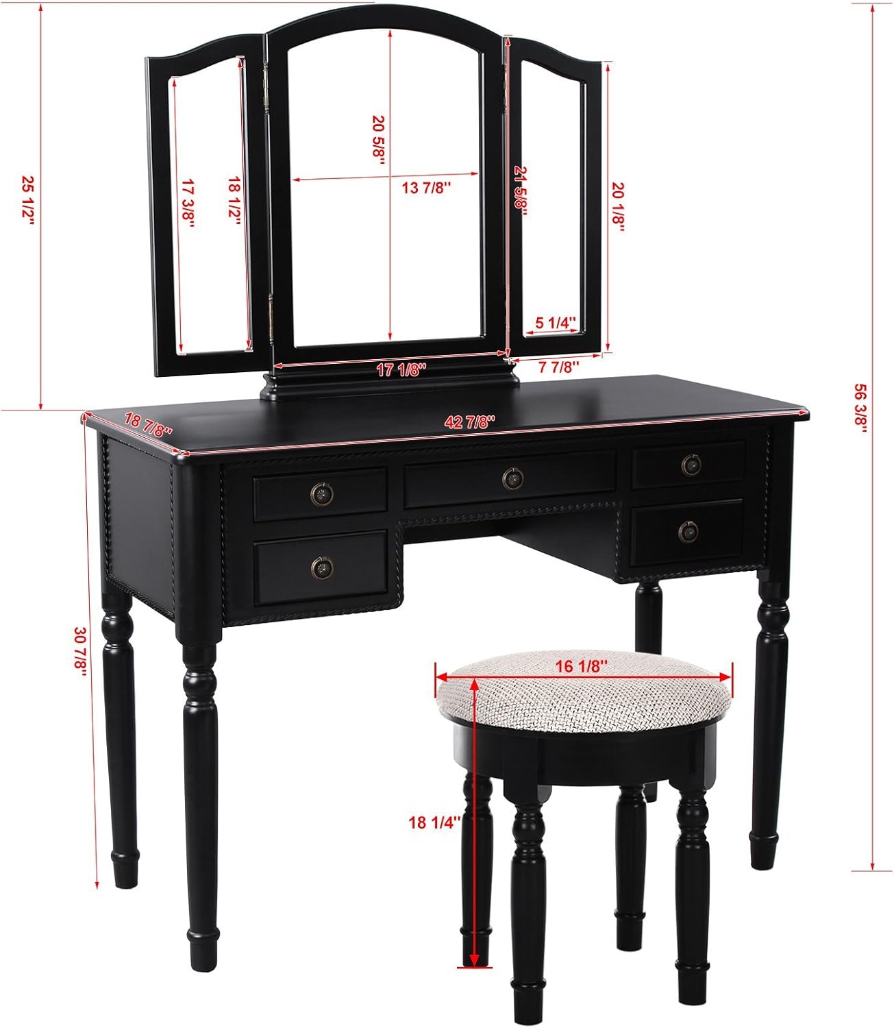 Amazon Com Songmics Vanity Set Tri Folding Mirror Make Up Dressing Table Cushioned Stool 5 Drawers Black Urdt108b