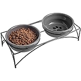 Y YHY Dog & Cat Food Bowls,12 OZ(1.5 Cup) Ceramic Raised Pet Bowls for Food and Water, Two Elevated Pet Dishes Bowls 2.75” Height Sturdy Metal Stand, Grey