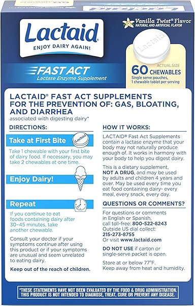LACTAID FAST ACT LACTOSE INTOLERANCE RELIEF CHEWABLES WITH NATURAL LACTASE ENZYME TO PREVENT GAS, BLOATING & DIARRHEA DUE TO LACTOSE SENSITIVITY, ON-THE-GO, VANILLA TWIST FLAVOR, 60 X 1 CT