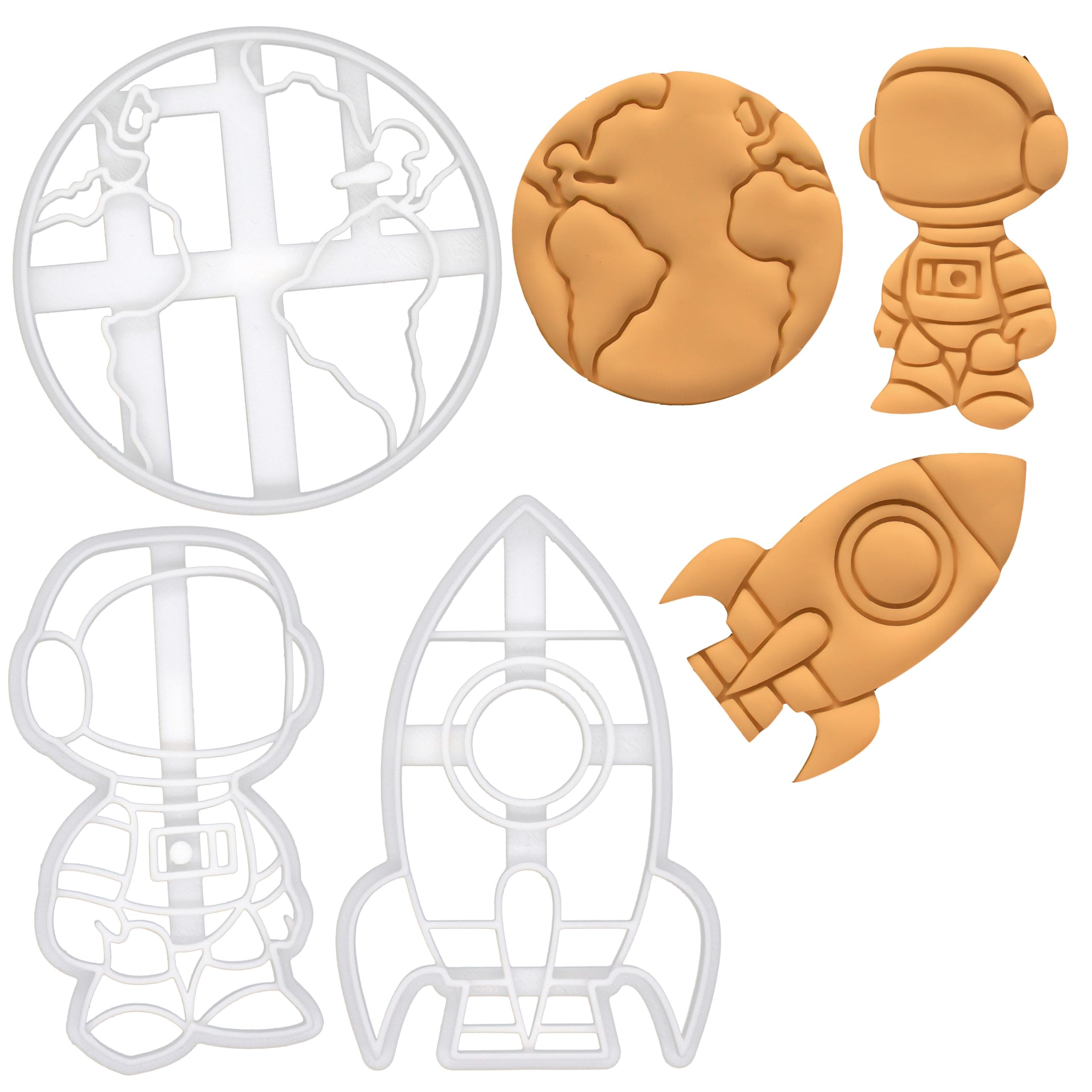 BAKERLOGY Set of 3 Space Theme Cookie Cutters (Designs: Astronaut, Rocket and Earth) - Detailed Biscuit Cutter Design for Baking and Crafts, Ideal on Fondant, Dough, Clay