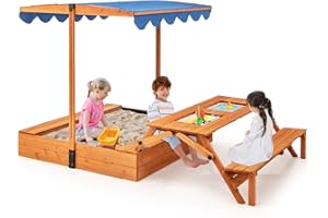 KOTEK Kids Sandbox with Lid, Wooden Sandpit w/Foldable Picnic Table & Bench, Adjustable Canopy & Bottom Liner, Outdoor Sand p