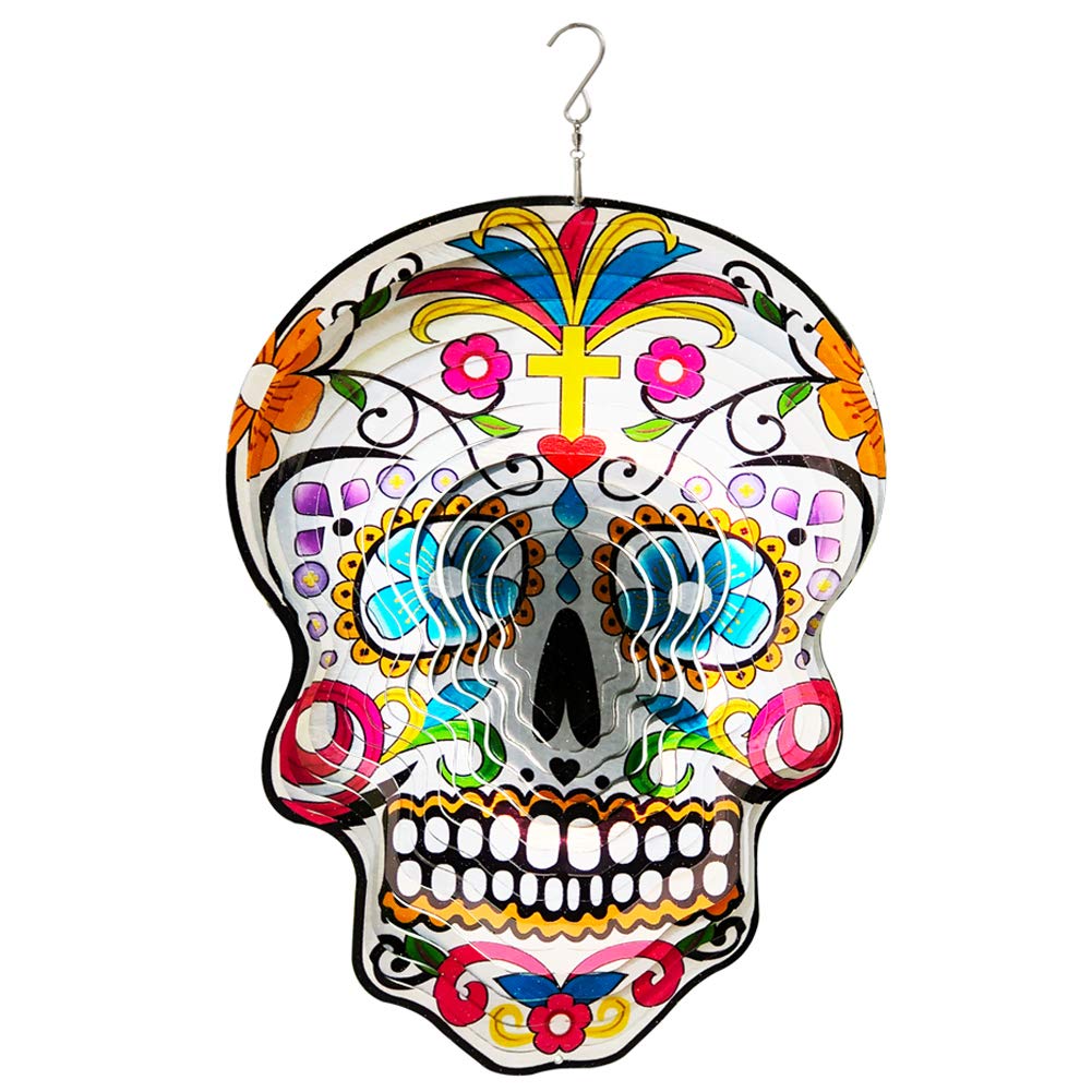 FONMY Kinetic 3D Metal Garden Wind Spinner Quality Hanging Ornament for Home and Garden 12inch Mandala Silver Sugar Skull Wind Spinners