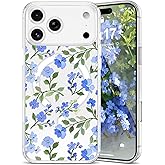 EYZUTAK Magnetic for iPhone 17 Pro Max Case Flower Case Compatible with MagSafe, Pretty Floral Stylish Aesthetic Phone Cover Slim Clear Anti-Yellowing Protective Cover for Girls Women - Blue