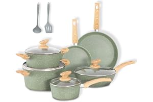 DishDelight Induction Nonstick Pots and Pans Set, 12 Piece Kitchen Cookware Sets, Nonstick Granite Frying Pan Set, Green