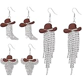 3 Pairs Enamel Cowboy Hat Cow Bull Head Boot Dangle Earrings for Women Sparkly Rhinestone Tassel Cowgirl Western Earrings Set for Women Country Concert Rodeo Cowboy Party Jewelry