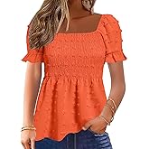 Flamingals Women's Peplum Tops Short Ruffle Sleeve Square Neck Smocked Flowy Blouse
