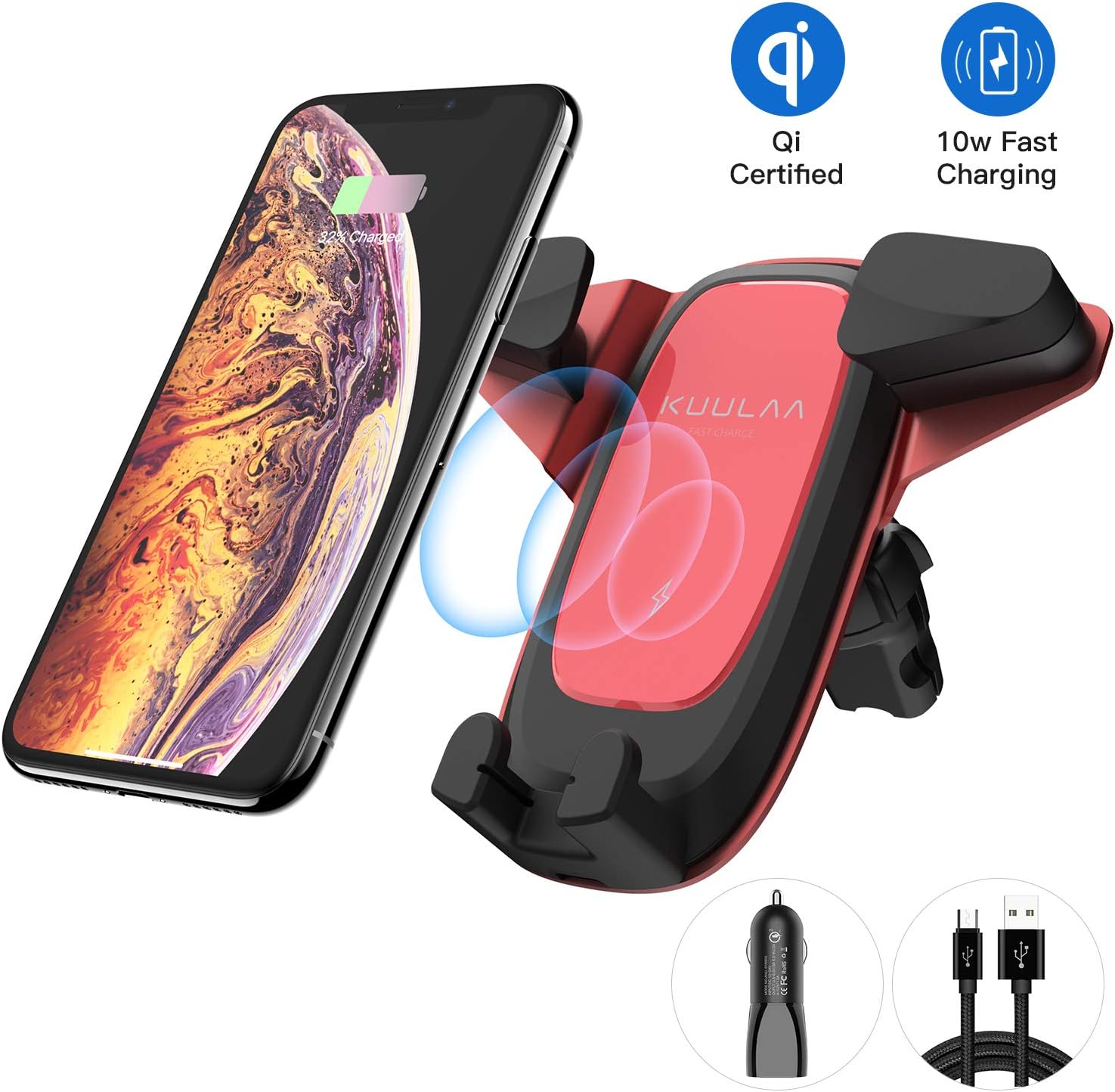 Kuulaa Wireless Car Charger,Qi Fast Wireless Charger Car Vent Mount Phone Holder 360ยฐ Rotating,10W for Galaxy s9/s9+/s8/s8+/s7/s6,Standard charge for iPhone 8/8 Plus/X/XS/XR (Red)
