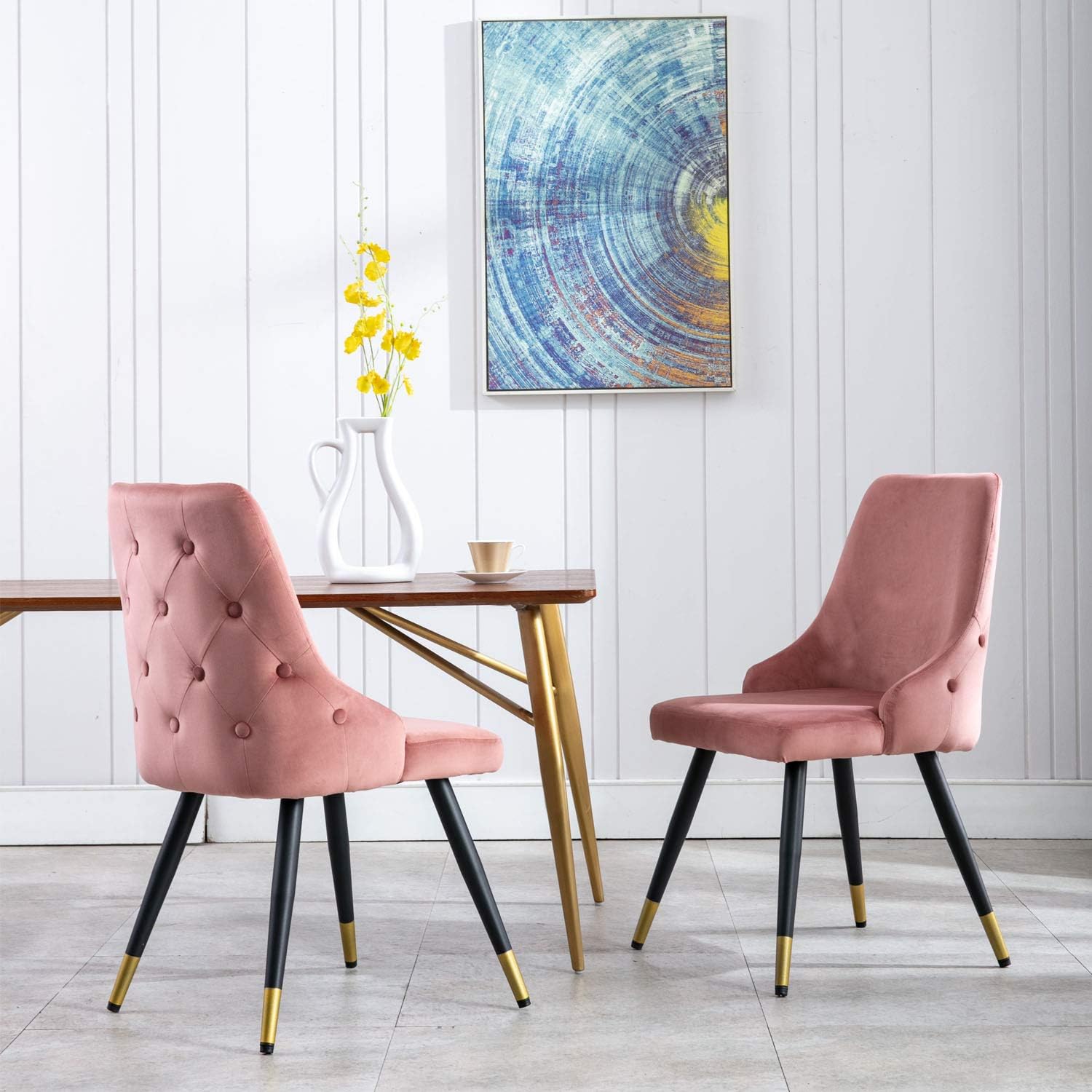 Wahson Velvet Dining Chairs Set of 2, Kitchen Chair with Metal Legs Diamond Stitching Backrest,Corner Chairs for Dining Room/Living Room (Pink)