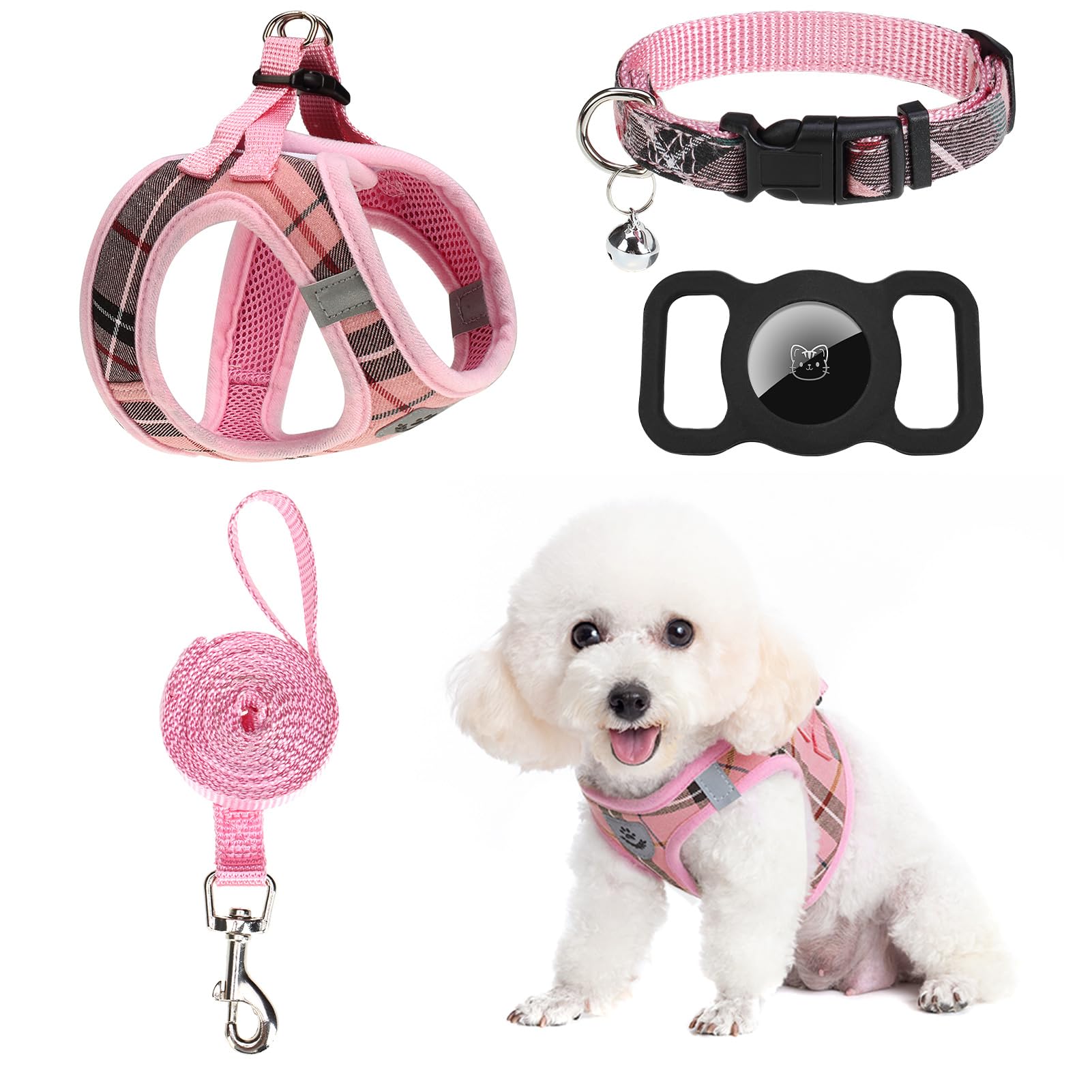 EXPAWLORER Classic Plaid Puppy Harness - Small Dog Collar and Lead Set with AirTag Holder - Soft Adjustable Step in Pet Vest Harness No Pull, Reflective Escape Proof for Outdoor Walking, Pink S