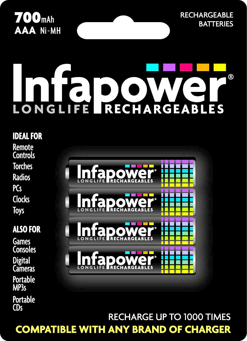 Infapower B001 AAA 650mAh with 4 Rechargeable Batteries, Black