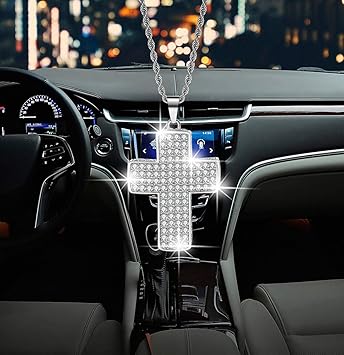 Bling Car Rearview Mirrors Pendant Alloy White Cross Car Interior Accessories For Women Jesus Crystal Ornament Double Sided Diamond Car Accessories White Mirrors Amazon Canada