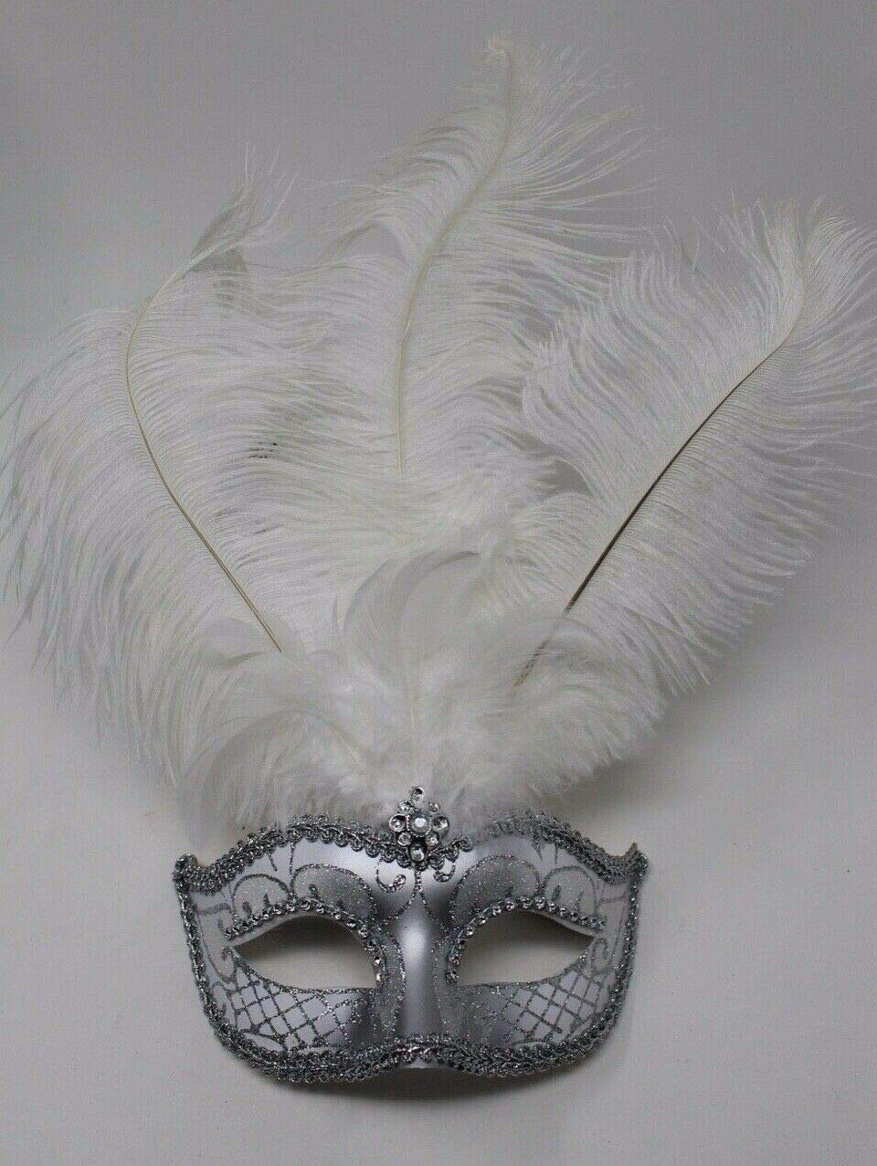 The Good Life WHITE & SILVER VENETIAN MASQUERADE PARTY EYE MASK WITH LONG FEATHERS WITH DIAMONTES