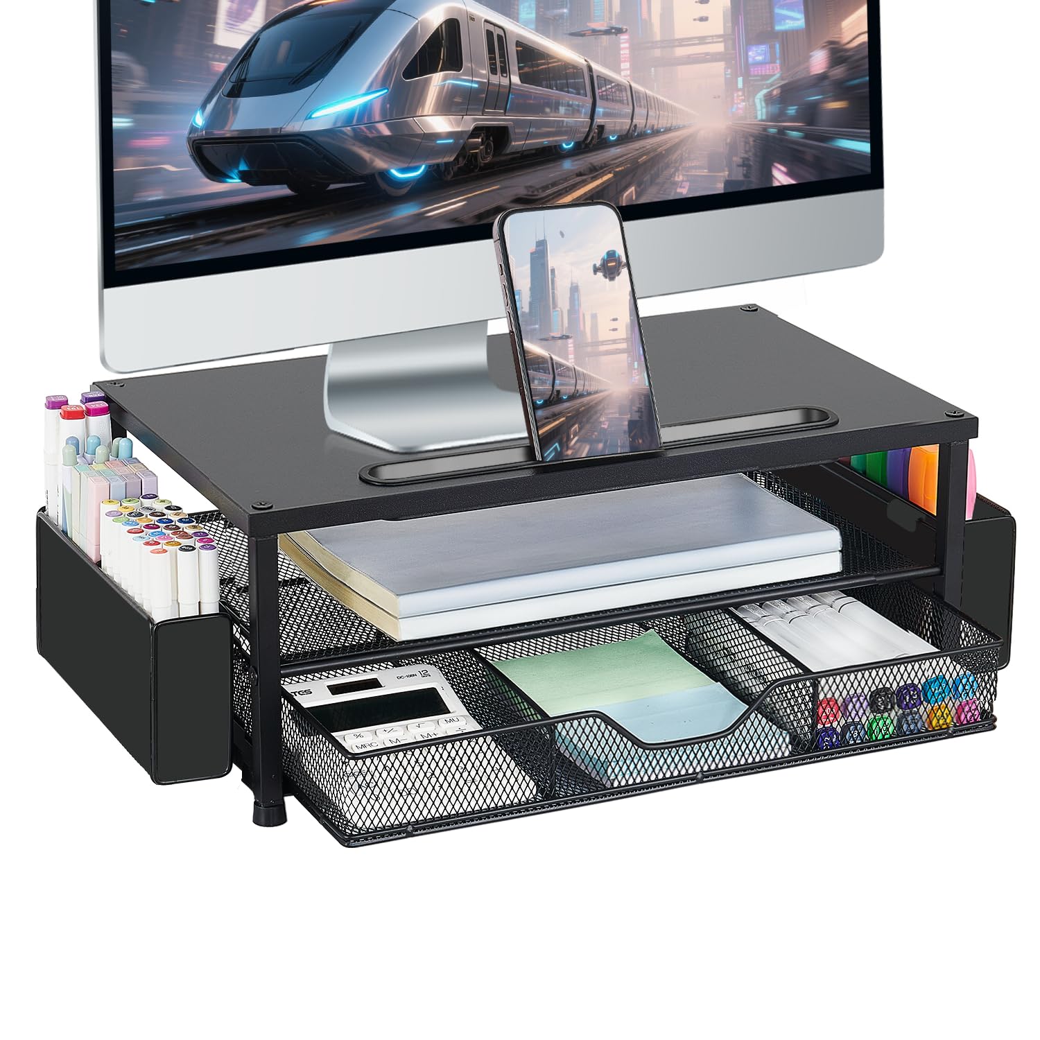 Photo 1 of AUPSEN Wood Computer Monitor Stand Riser, 2-Tier Black Desk Organizer with Drawer, Pen Storage & Phone Holder ?Office Desk Accessories Desktop Organizer for Office Supplies