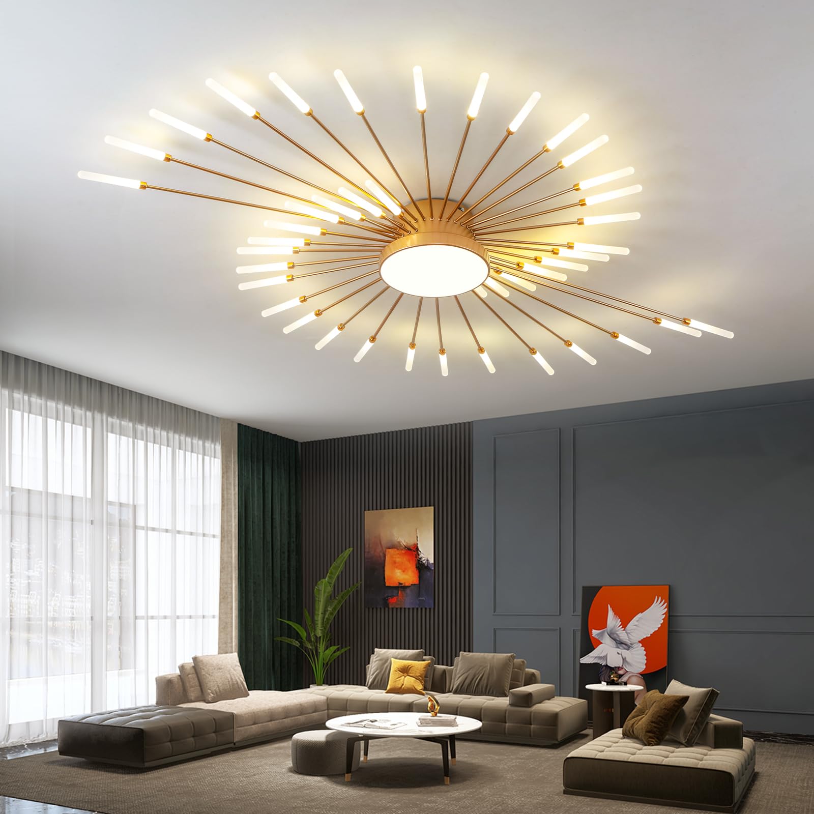 Photo 1 of JAYMP Ceiling Light Modern Flower Shape Ceiling Lamp for Living Room Dining Room Flush Mount Metal Acrylic Sputnik Firework Petal LED Lighting Fixture (Matte Gold, 42+1 Lights)