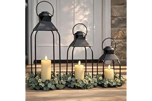 ZLFART Decorative Metal Lanterns Indoor Outdoor, Candle Holder for Porch, Patio, Fireplace, Floor, Wedding, Christmas, Fall, Holiday, Farmhouse Table Centerpiece (Black, Set of 3 20" 15.7" 12")