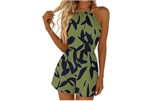 Summer Romper Short for Womens Sleeveless Printed Halter Rompers Beach Vacation Jumpsuit Casual Holiday Fashion Outfits