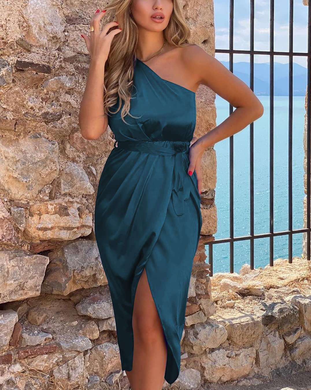 PRETTYGARDEN Women's Summer One Shoulder Ruched Satin Dress Sleeveless Wrap Spring Wedding Guest Cocktail Midi Dress