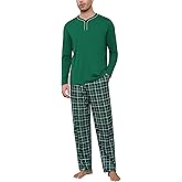 Sykooria Mens Pajamas Set Long Sleeve Soft Sleepwear Cozy Loungewear 2 Piece Comfy Plaid Pjs Set with Pockets