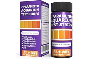 AQUARIUM TEST KIT 7 in 1 Aquarium Test Strips. Fish Water Test Strip. Freshwater Testing Kit for Betta and Marine Aquaponics. Tank pH Test Kit with Nitrate, Total Chlorine, Hardness, Alkalinity, Carbonate Tests.