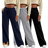 Velvelhall 3 Pack Women's Wide Leg Fleece Lined Sweatpants Thermal Lounge Warm Pants Drawstring Elastic Waisted with Pockets