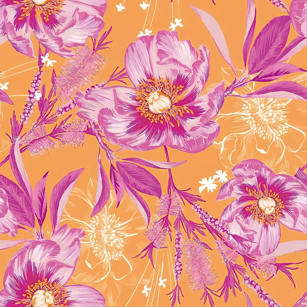 REDAMANCY Vintage Orange/Pink Poppy Floral Large Flowers Peel and Stick Wallpaper Stick on Contact Paper Vintage Wall Paper Easy Peel Off for nightstand Drawer Cabinet Renter