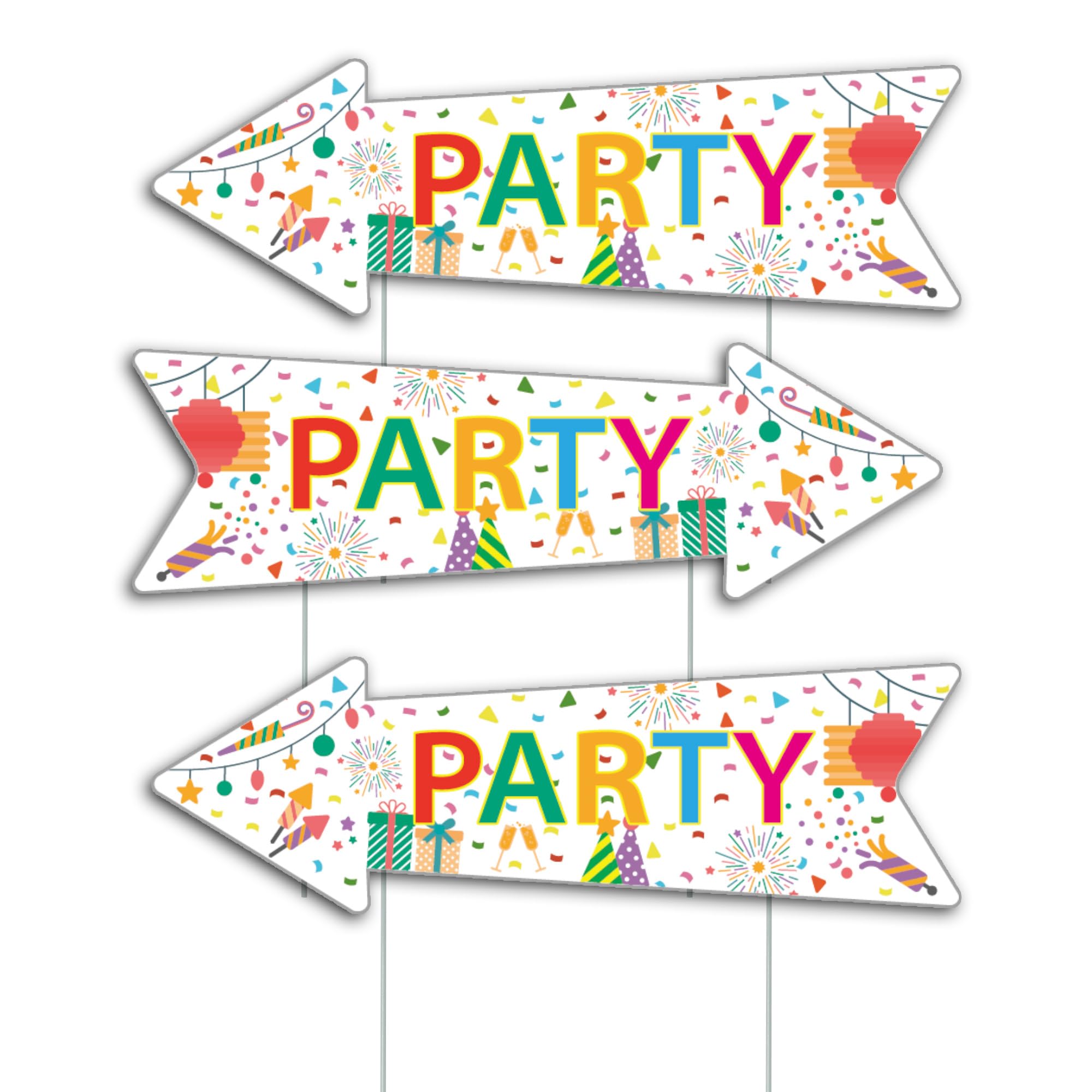 Photo 1 of ** slightly bent ** Party Signs with Stakes, 16 Inches by 5 Inches - Double Sided Signs - Corrugated Plastic - Colorful Birthday Party This Way Sign with Arrow for Yard Outdoors. (3)