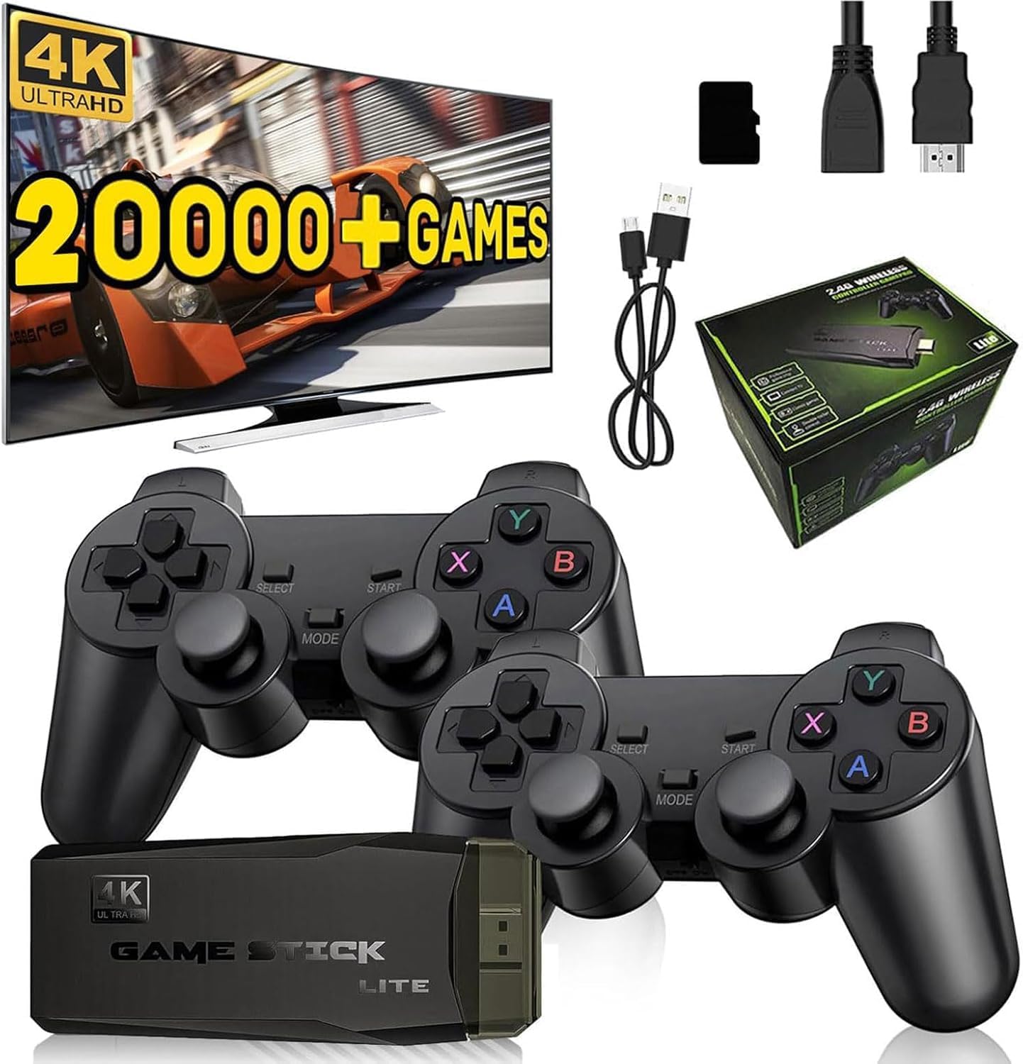 Retro Game Console with 20,000+ Built-in Games, Plug & Play Retro Game Stick, HDMI Video Game System with Wireless Controllers, 9 Classic Emulators, 4K Output for TV & Projector (63G)