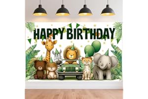 CRAFTYMELODY Jungle Animals Birthday Banner 70.9x43.3 Inch Happy Birthday Green Jungle Animal Backdrop Wall Banner Yard Sign 