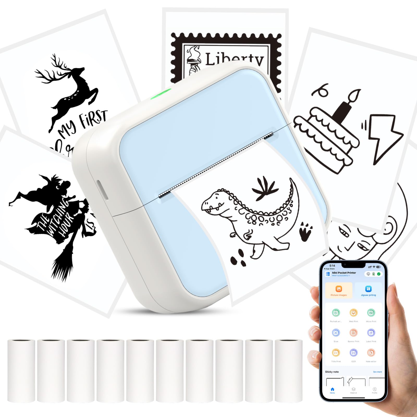 HUIJUTCHEN Mini Pocket Printer for iPhone/Android, Portable Mini Sticker Printer with 10 Rolls Non-Sticky Thermal Papers, Blue-Tooth Thermal Mini Printer for Journal Memo Notes Photo Study