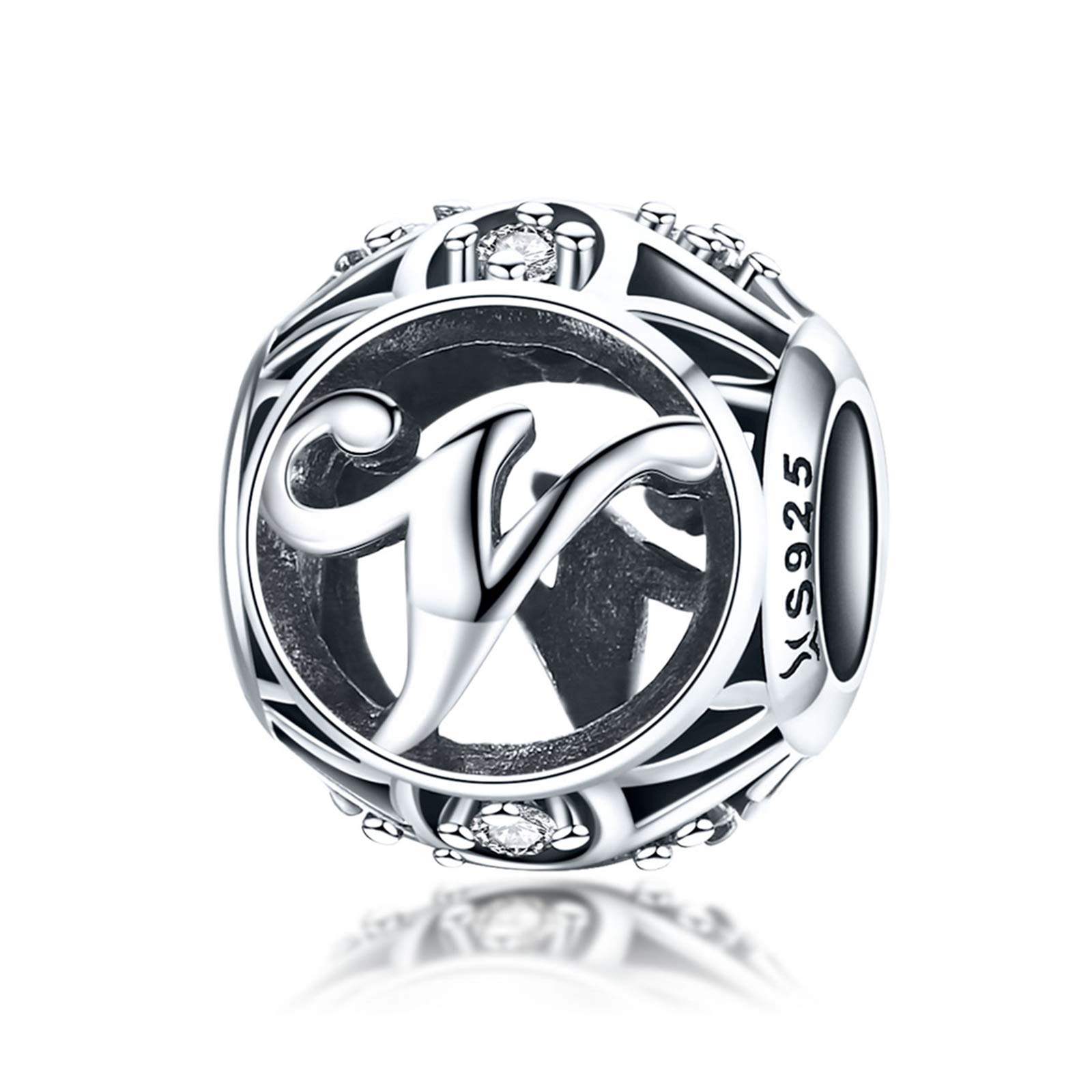 LaMenars Letter Dangle Bead Charms Initial Alphabet A-Z 925 Sterling Silver Zirconia fits European Charm Bracelets & Necklaces