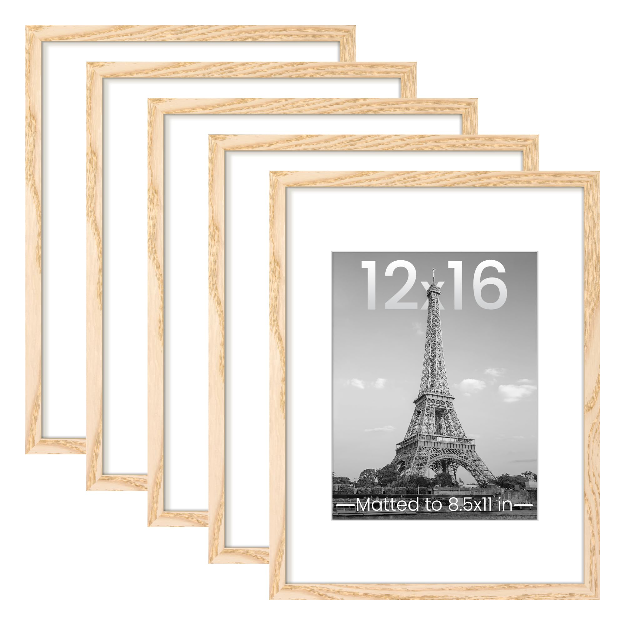Photo 1 of upsimples 12x16 Picture Frame Set of 5, Display Pictures 8.5x11 with Mat or 12 x 16 Without, Wall Gallery Poster Frames, Natural