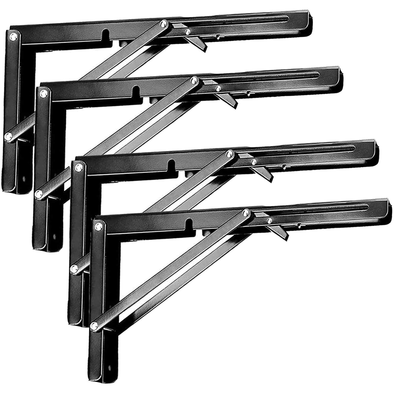 ZOENHOU 4 PCS 16 Inch Folding Shelf Brackets, Heavy Duty Shelf Bracket with Mounting Hardware, Metal Black Triangle Shelf Bracket for Bench Table, Wall Mounted Shelving Brackets, 80kg Load Capacity