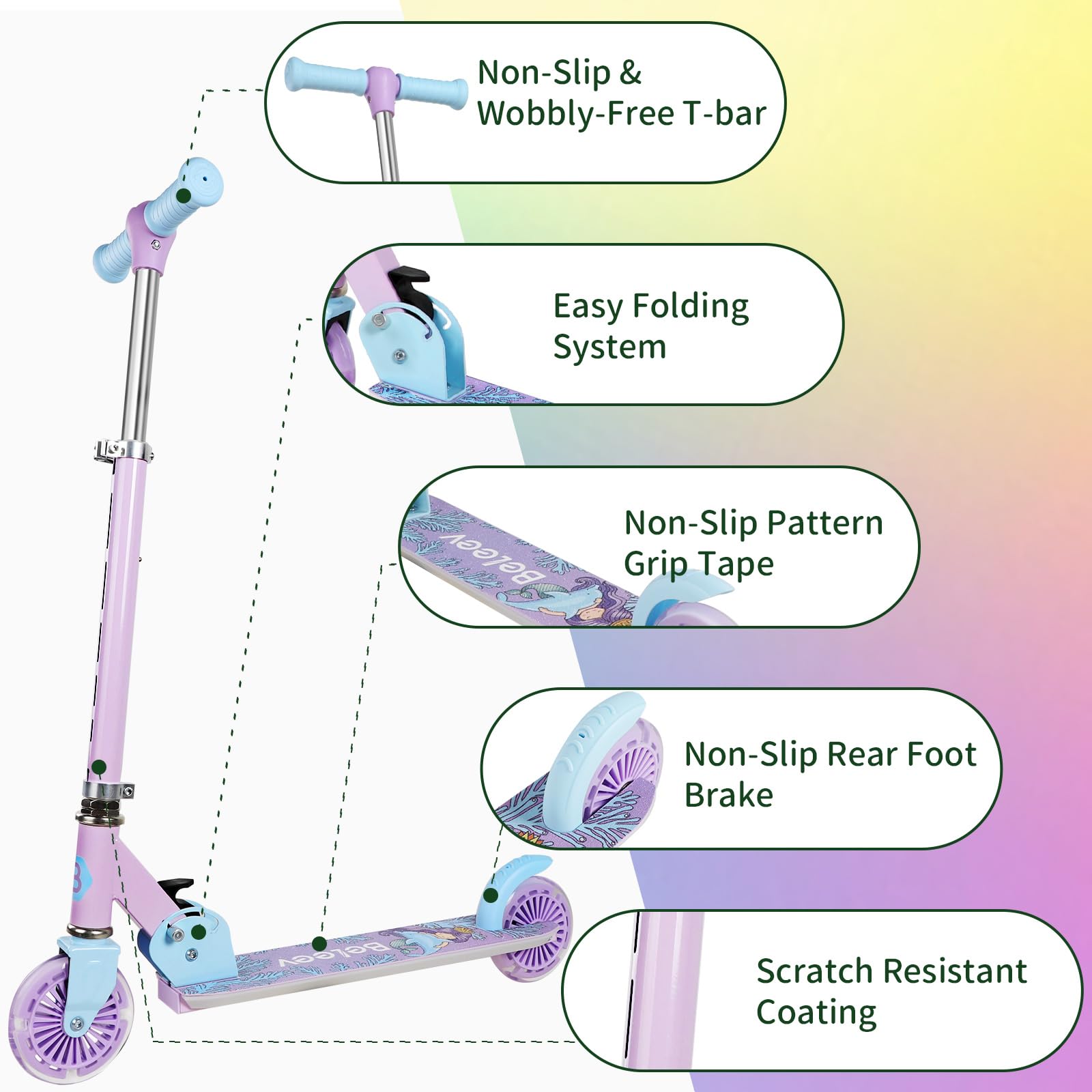 BELEEV V2 Scooters for Kids with Light-Up Wheels & Stem & Deck, 2 Wheel Folding Scooter for Girls Boys, 3 Adjustable Height, Non-Slip Pattern Deck, Lightweight Kick Scooter for Children Ages 3-12