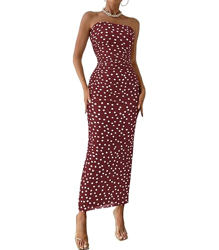 Capuffy Women Strapless Ruffles Hem Maxi Dress Tassel Mesh Bodycon Tube Dress(Apricot,XS) : Clothing, Shoes & Jewelry