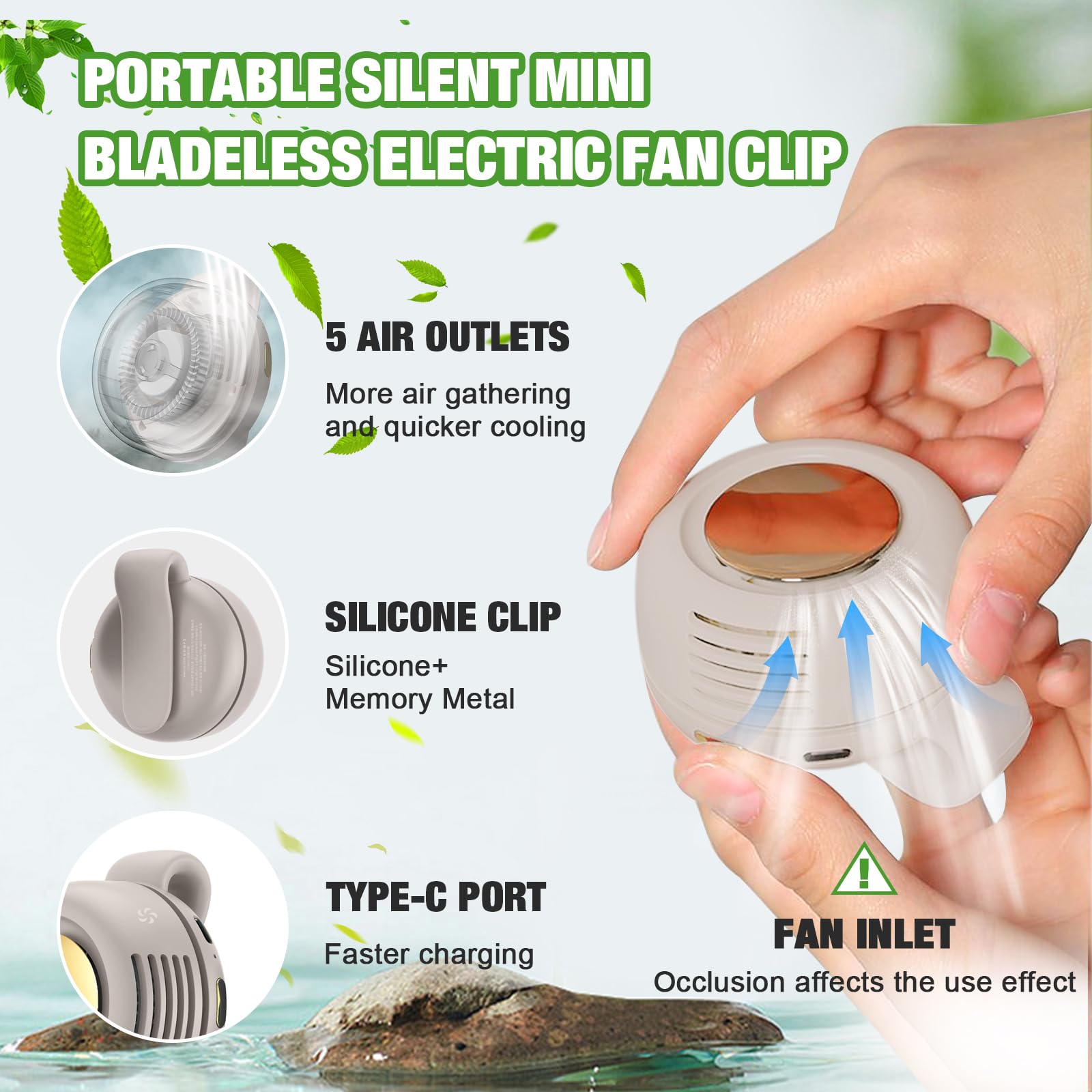 Wshxjzyay Portable Silent Mini Bladeless Fan Clip on, Portable Silent Mini Bladeless Electric Fan, For Outdoor & Travel & Office, Travel Accessories, Gift, Adjustable 3-Speed (Type-c, White)