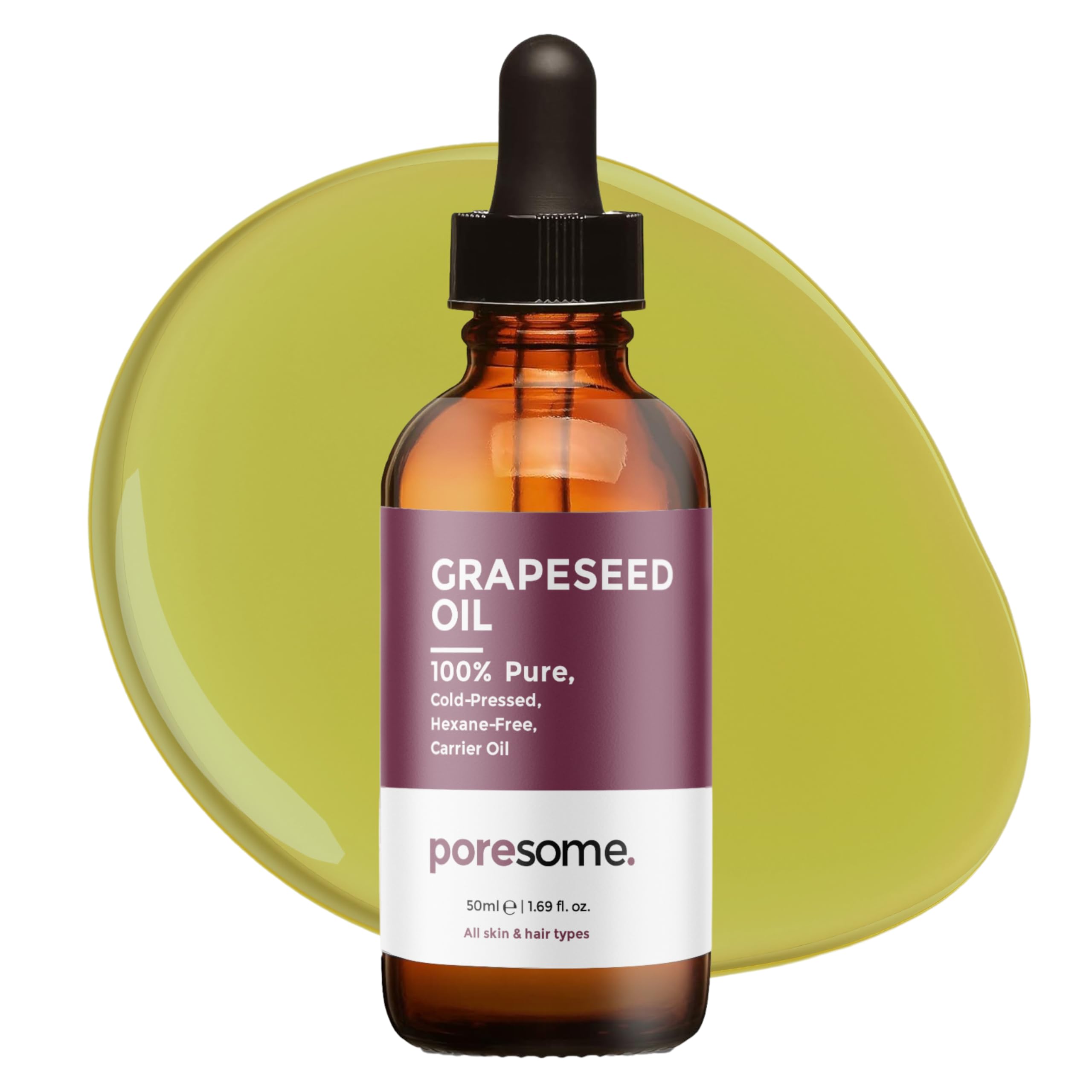 Poresome Grapeseed Oil - 100% Pure, Cold Pressed, Hexane Free Carrier Oil - For all skin & hair types - Vegan, Cruelty & Fragrance Free - UK Made - 50ml