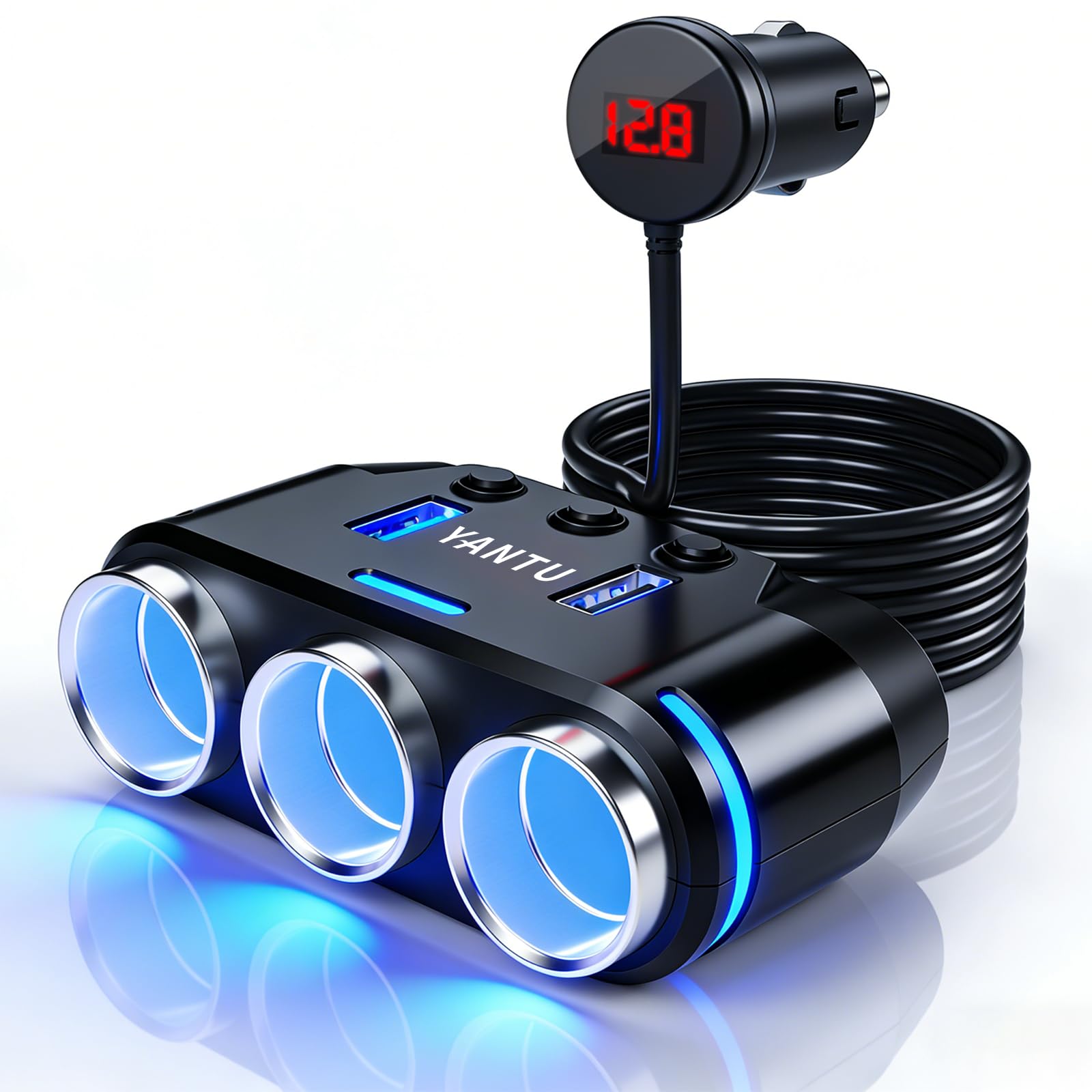 シガーソケット 3連 offeree 150Ｗ高出力 3連ソケット+2USB シガーソケット 増設 急速充電 電圧モニター付き 車 ソケット 独立スイッチ搭載 オート回復ヒューズ内蔵 12/24V車対応 スマホ充電 ドライブレコーダー GPS 車載冷蔵庫 掃除機などの高電力機器同時使え商品画像