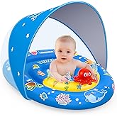 EZIGO Baby Pool Float with Canopy UPF50+, Infant Swim Float for Boys Girls | Dark Blue Baby Float Features Adjustable Safety Seat &amp; Ocean Toys, Durable, Safe Inflatable Swim Float for Ages 6&ndash;36 Months